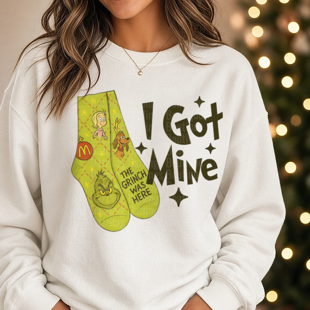 Grinch Socks I Got Mine Green Socks DTF transfer shown on a Comfort Colors sweatshirt