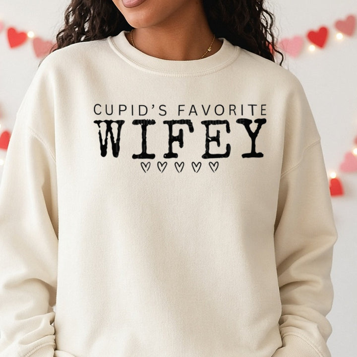 Cupid favorite wifey - Copy DTF transfer shown on a Comfort Colors sweatshirt