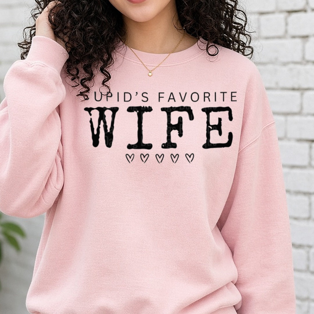 Cupids favorite wife - Copy DTF transfer shown on a Comfort Colors sweatshirt