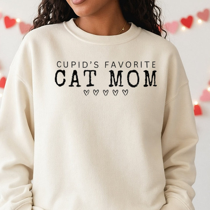 Cupid favorite cat mom DTF transfer shown on a Comfort Colors sweatshirt
