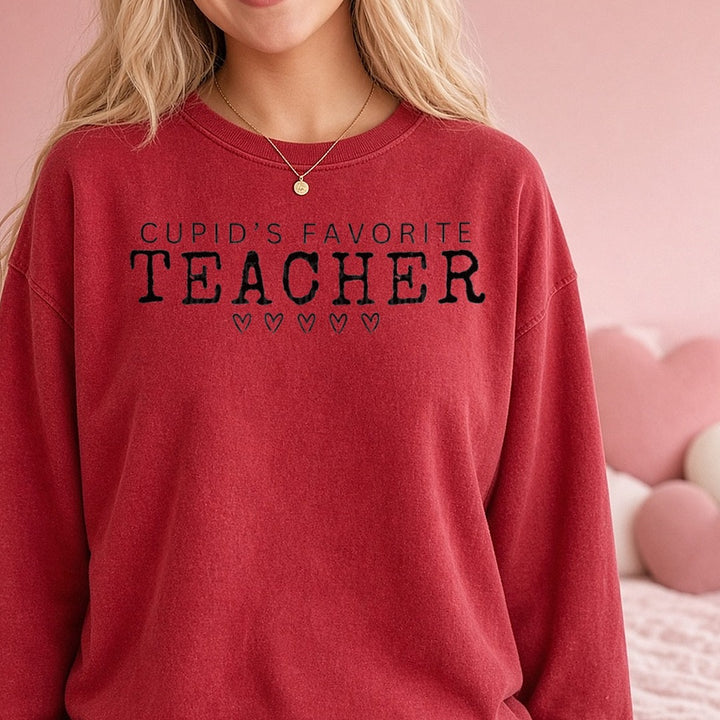 cupid favorite teacher - Copy DTF transfer shown on a Comfort Colors sweatshirt