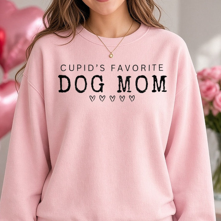 Cupid favorite dog mom DTF transfer shown on a Comfort Colors sweatshirt