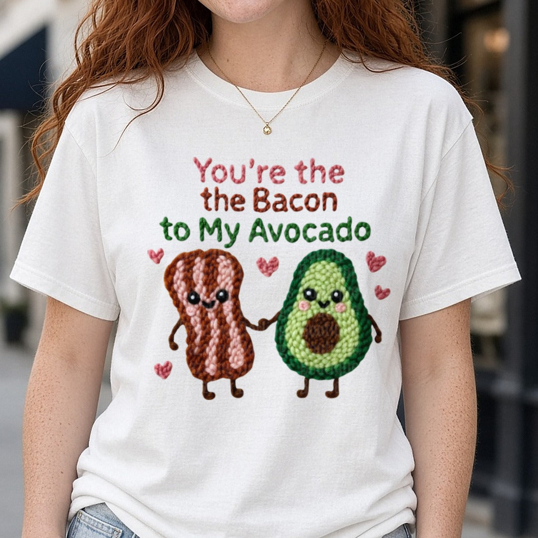 Latch Hook Funny Food Bacon to my Avacado DTF transfer shown on a Comfort Colors tee