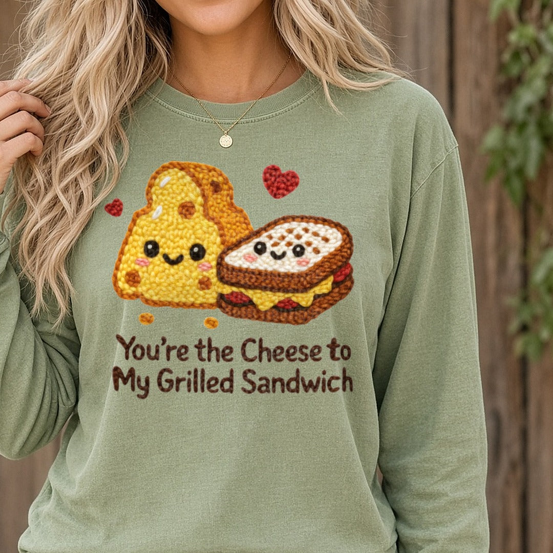 Latch Hook Funny Food Cheese to my Grilled Sandwich DTF transfer shown on a Comfort Colors long sleeve tee