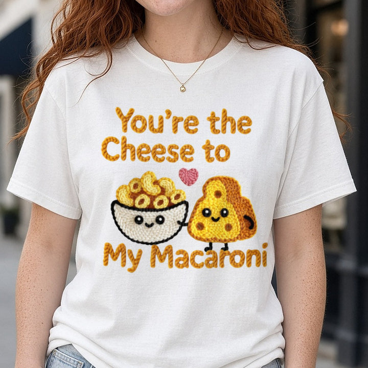 Latch Hook Funny Food Cheese to my Macaroni DTF transfer shown on a Comfort Colors tee