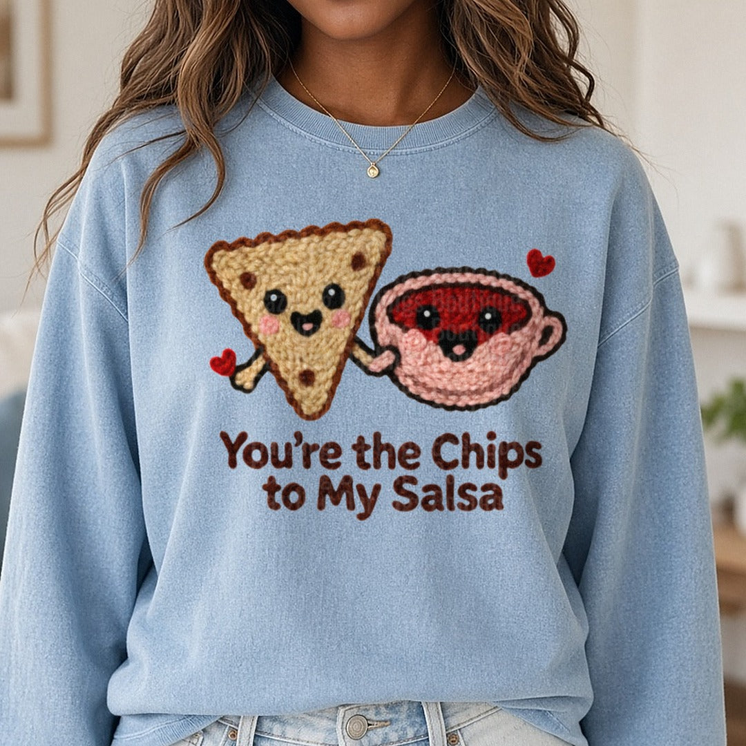 Latch Hook Funny Food Chip to my Salsa DTF transfer shown on a Comfort Colors sweatshirt