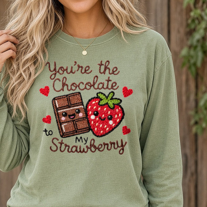 Latch Hook Funny Food Chocolate to my Strawberry DTF transfer shown on a Comfort Colors long sleeve tee