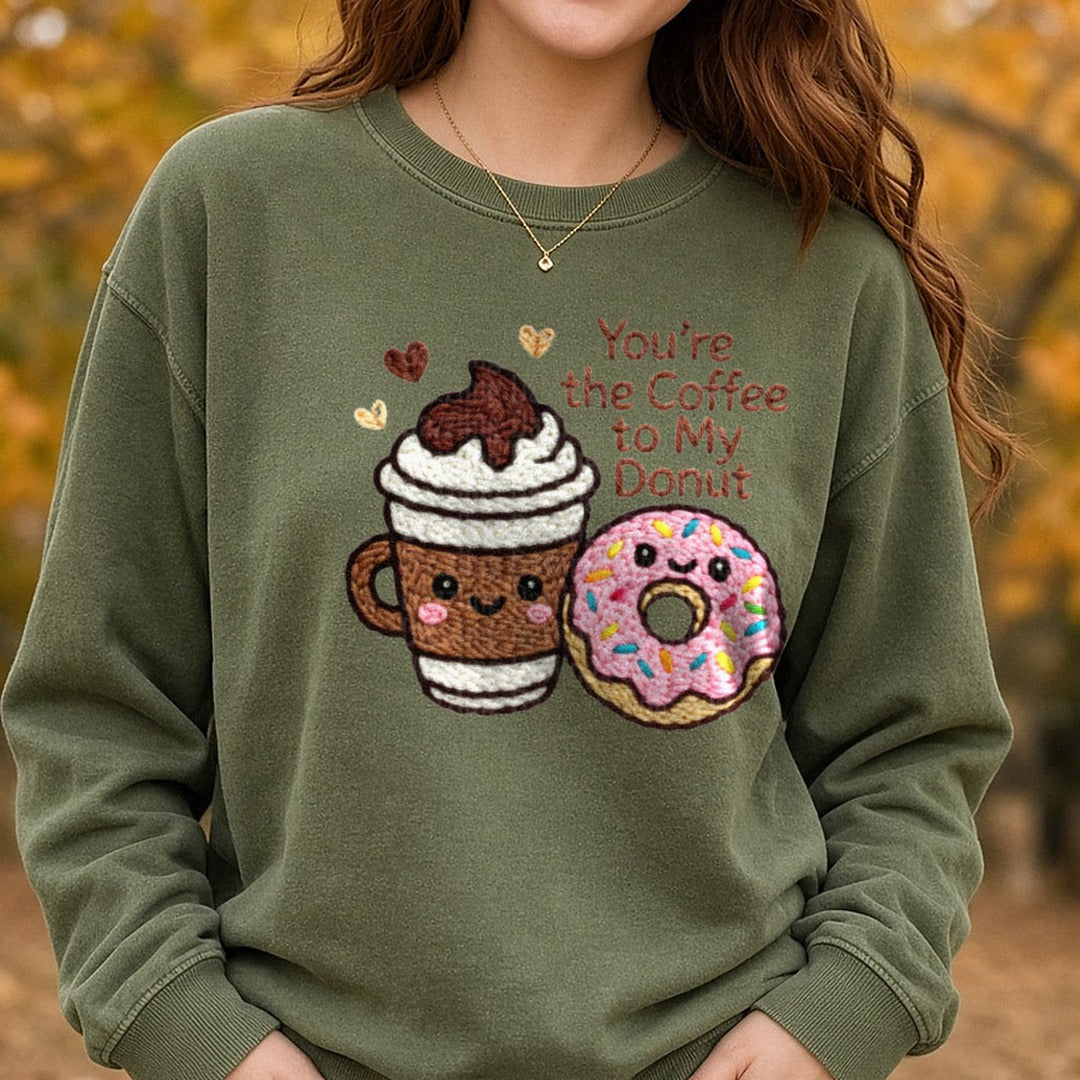 Latch Hook Funny Food Coffee to my Donut DTF transfer shown on a Comfort Colors sweatshirt