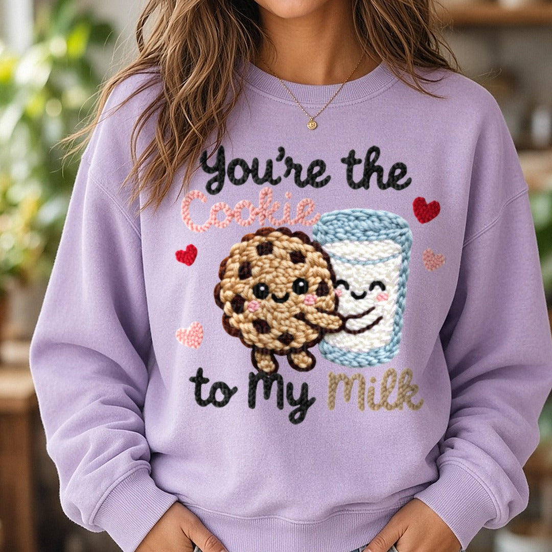 Latch Hook Funny Food Cookie to my Milk DTF transfer shown on a Comfort Colors sweatshirt