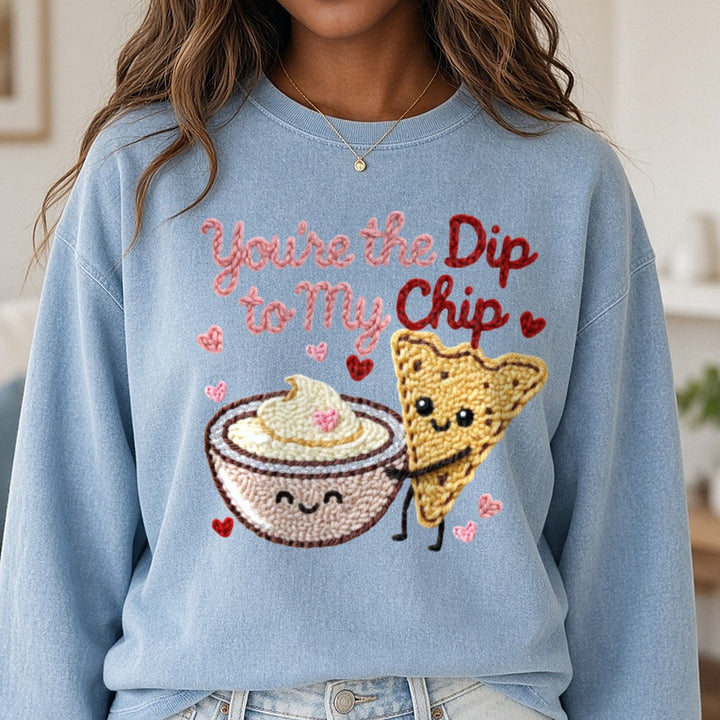 Latch Hook Funny Food Dip to my Chip DTF transfer shown on a Comfort Colors sweatshirt
