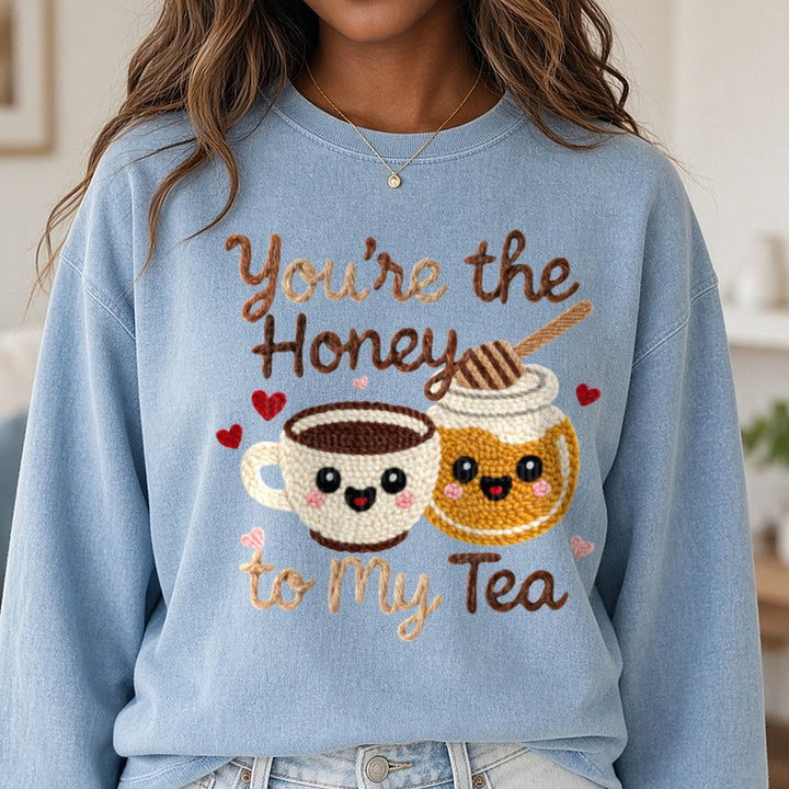 Latch Hook Funny Food Honey to my Tea DTF transfer shown on a Comfort Colors sweatshirt