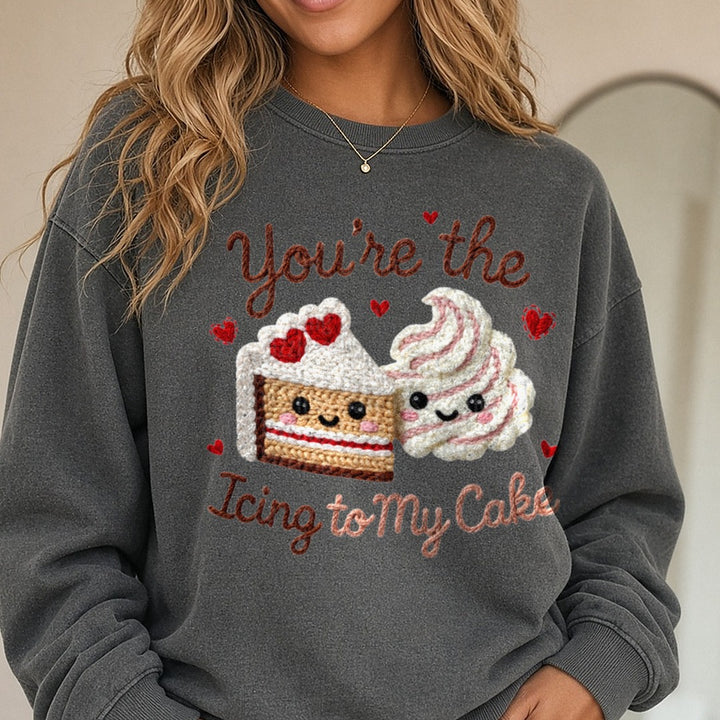 Latch Hook Funny Food Icing to my Cake DTF transfer shown on a Comfort Colors sweatshirt