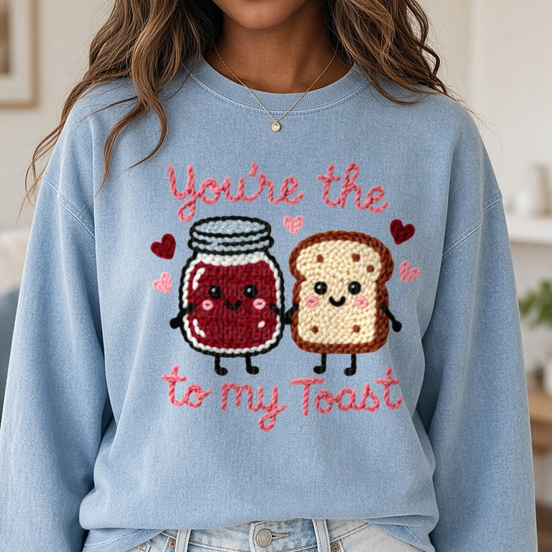 Latch Hook Funny Food Jam to my Toast DTF transfer shown on a Comfort Colors sweatshirt
