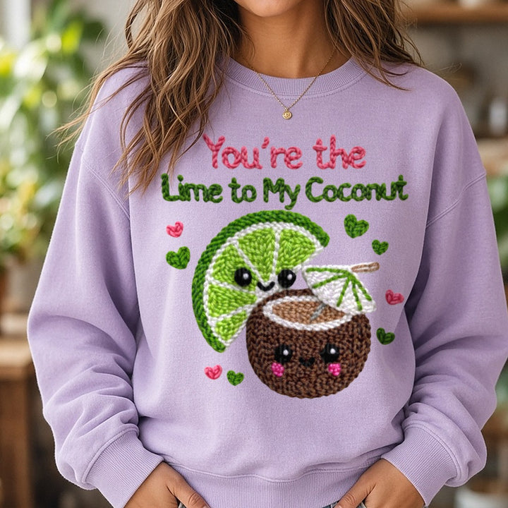 Latch Hook Funny Food Lime to my Coconut DTF transfer shown on a Comfort Colors sweatshirt
