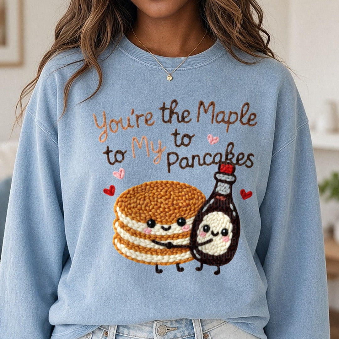 Latch Hook Funny Food Maple to my Pancakes DTF transfer shown on a Comfort Colors sweatshirt