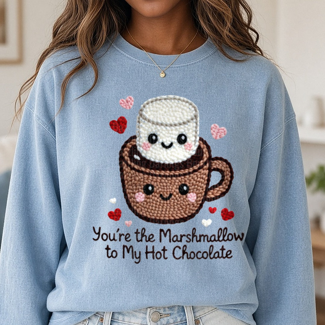 Latch Hook Funny Food Marshmallow to my Hot Chocolate DTF transfer shown on a Comfort Colors sweatshirt