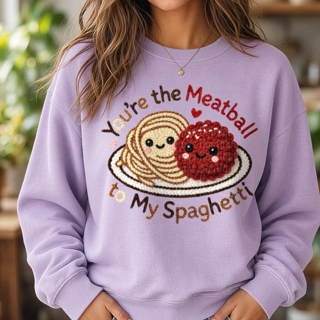 Latch Hook Funny Food Meatball to my Spaghetti DTF transfer shown on a Comfort Colors sweatshirt