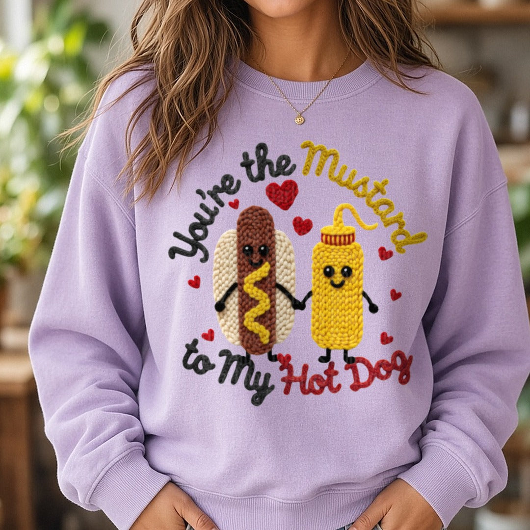 Latch Hook Funny Food Mustard to my Hot dog DTF transfer shown on a Comfort Colors sweatshirt