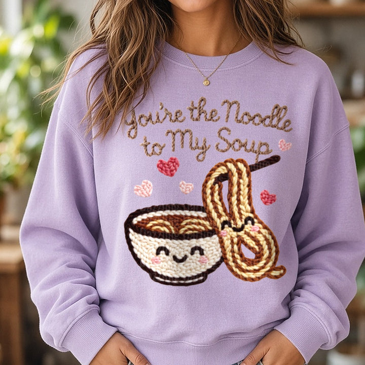 Latch Hook Funny Food Noodle to my Soup DTF transfer shown on a Comfort Colors sweatshirt