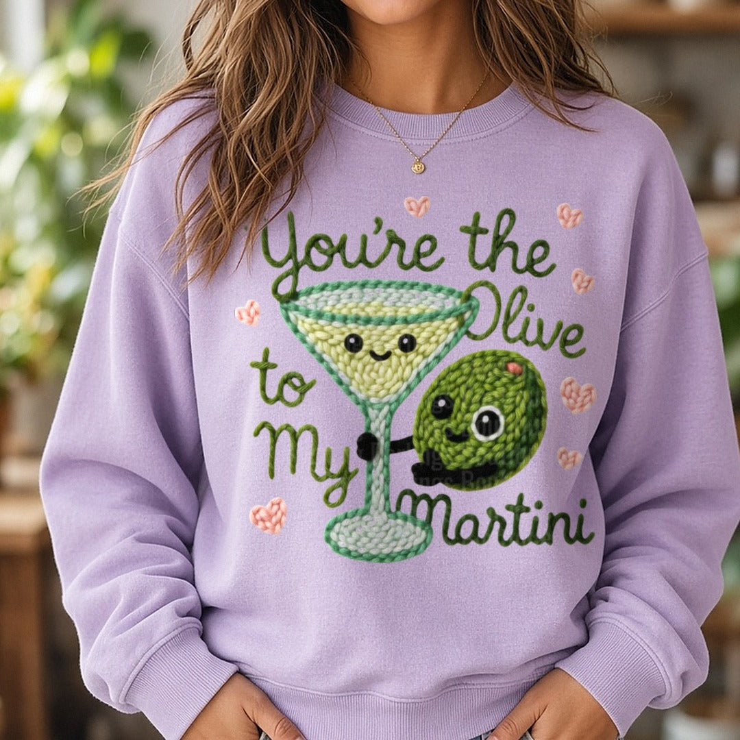Latch Hook Funny Food Olive to my Martini DTF transfer shown on a Comfort Colors sweatshirt