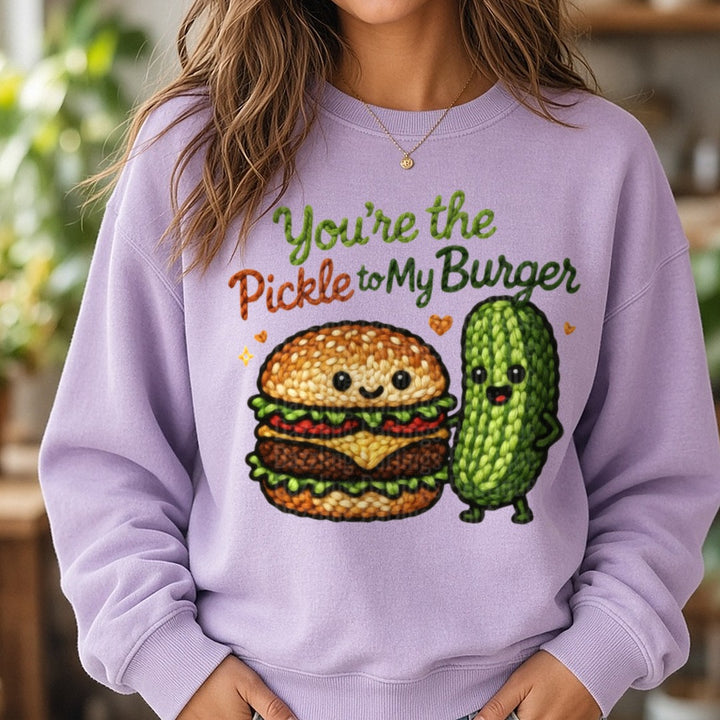 Latch Hook Funny Food Pickle to my Burger DTF transfer shown on a Comfort Colors sweatshirt