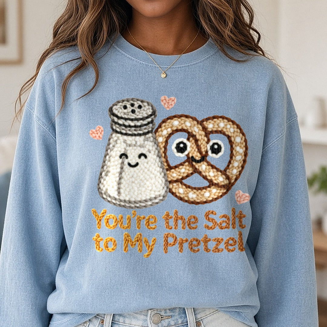 Latch Hook Funny Food Salt to my Pretzel DTF transfer shown on a Comfort Colors sweatshirt