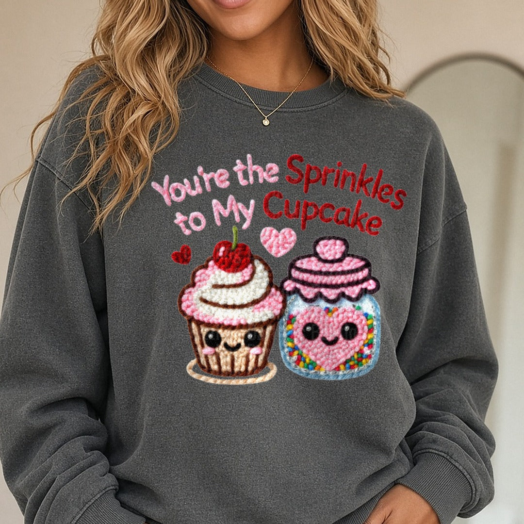 Latch Hook Funny Food Sprinkles to my Cupcake DTF transfer shown on a Comfort Colors sweatshirt
