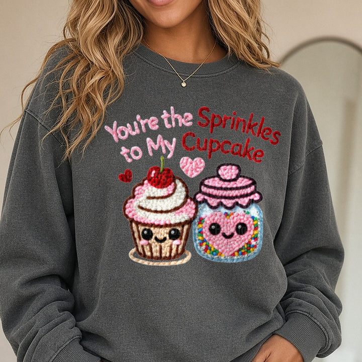 Latch Hook Funny Food Sprinkles to my Cupcake DTF transfer shown on a Comfort Colors sweatshirt