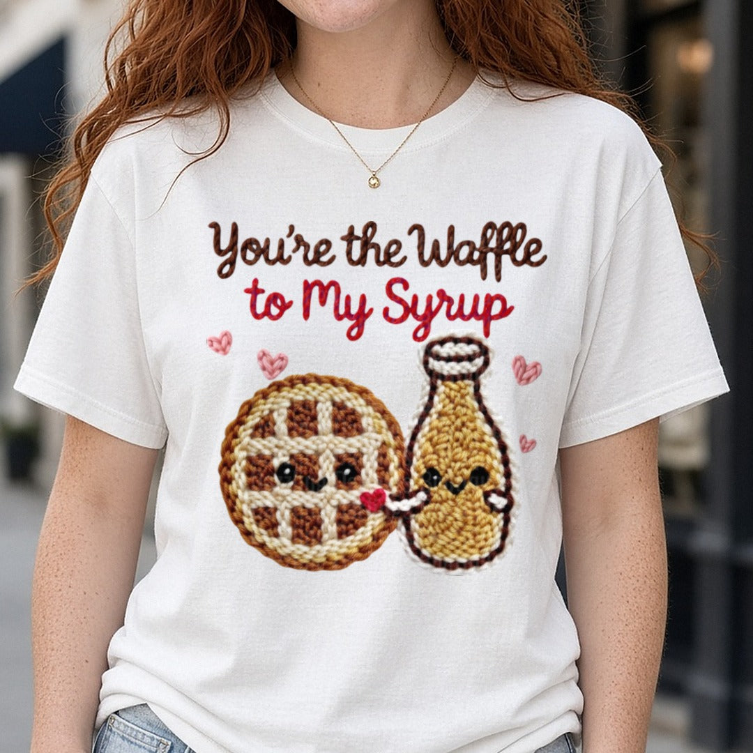 Latch Hook Funny Food Waffle to my Syrup DTF transfer shown on a Comfort Colors tee
