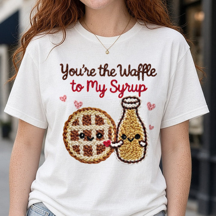 Latch Hook Funny Food Waffle to my Syrup DTF transfer shown on a Comfort Colors tee