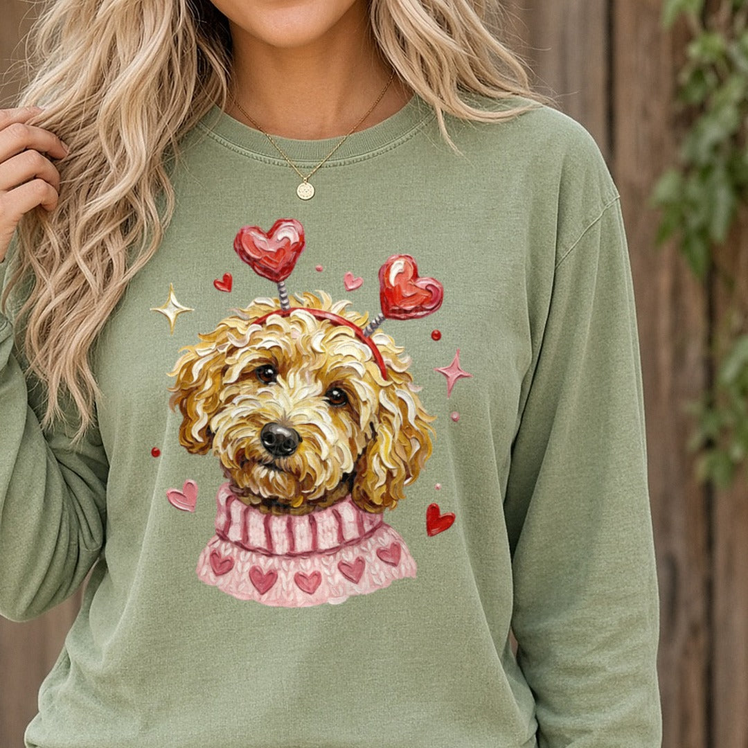 Valenines Day Dog Love DTF transfer shown on a Comfort Colors long sleeve tee