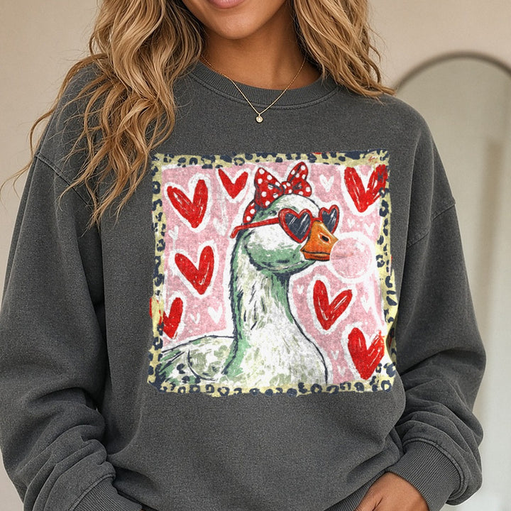 Valentines Day Goose Bubble DTF transfer shown on a Comfort Colors sweatshirt