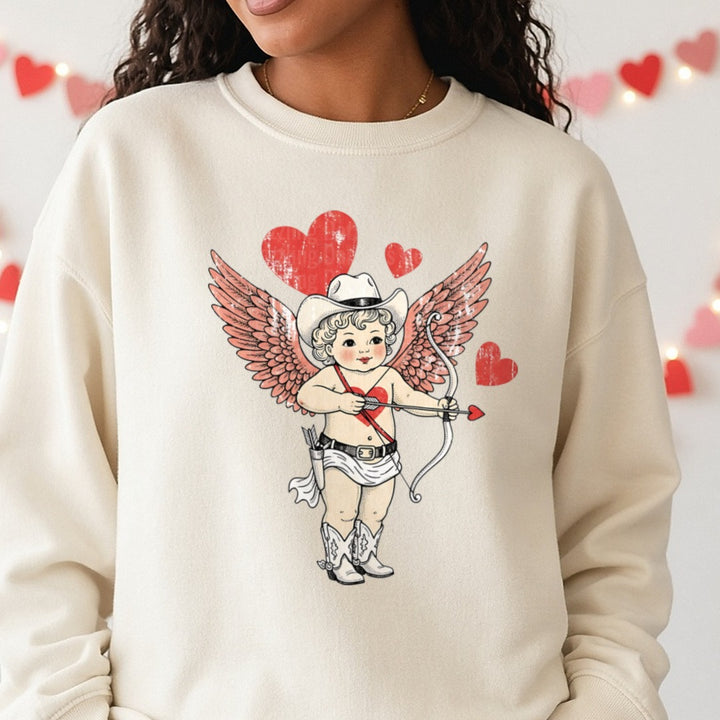 Valentines Day Cupid DTF transfer shown on a Comfort Colors sweatshirt
