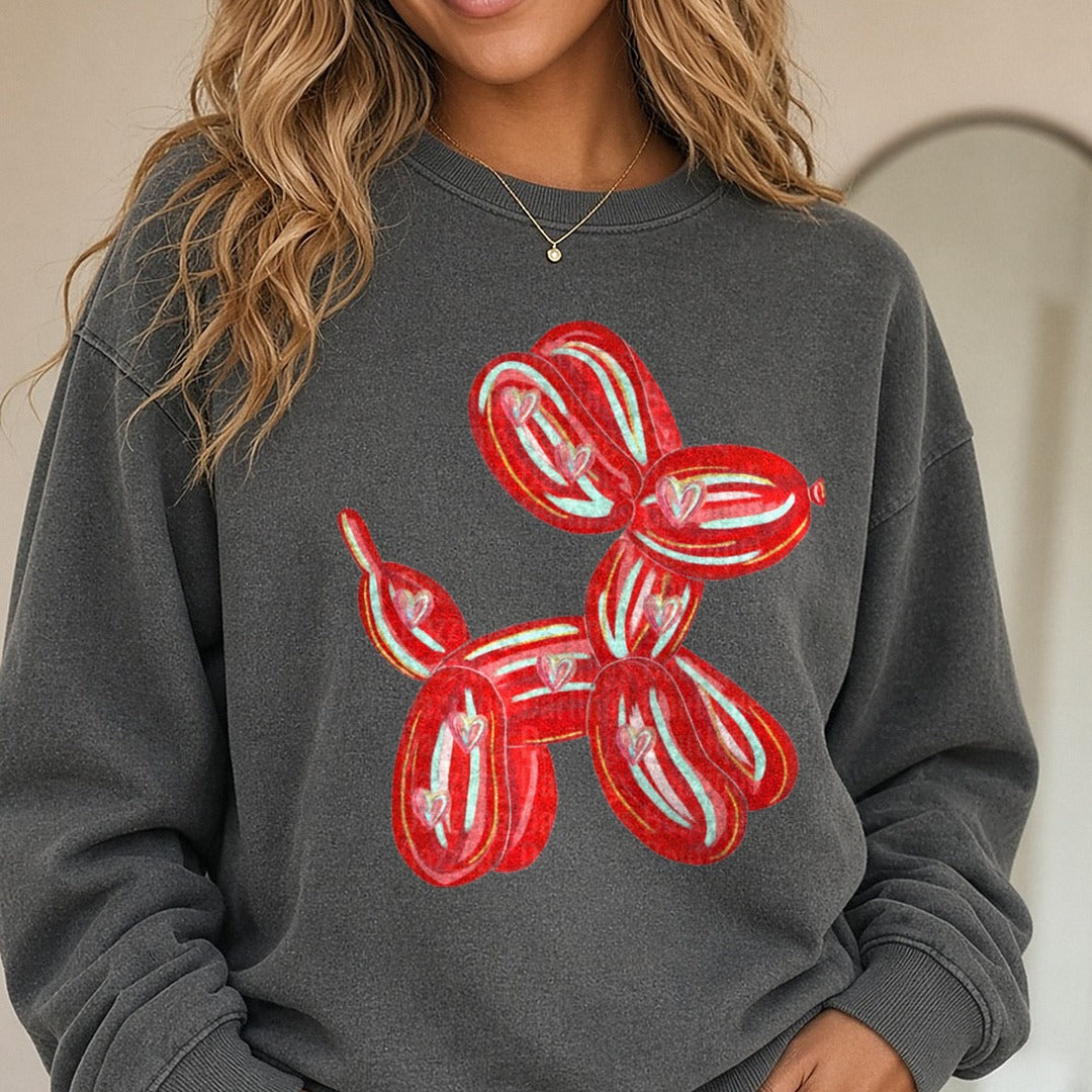 Valentines Day Balloon Dog DTF transfer shown on a Comfort Colors sweatshirt