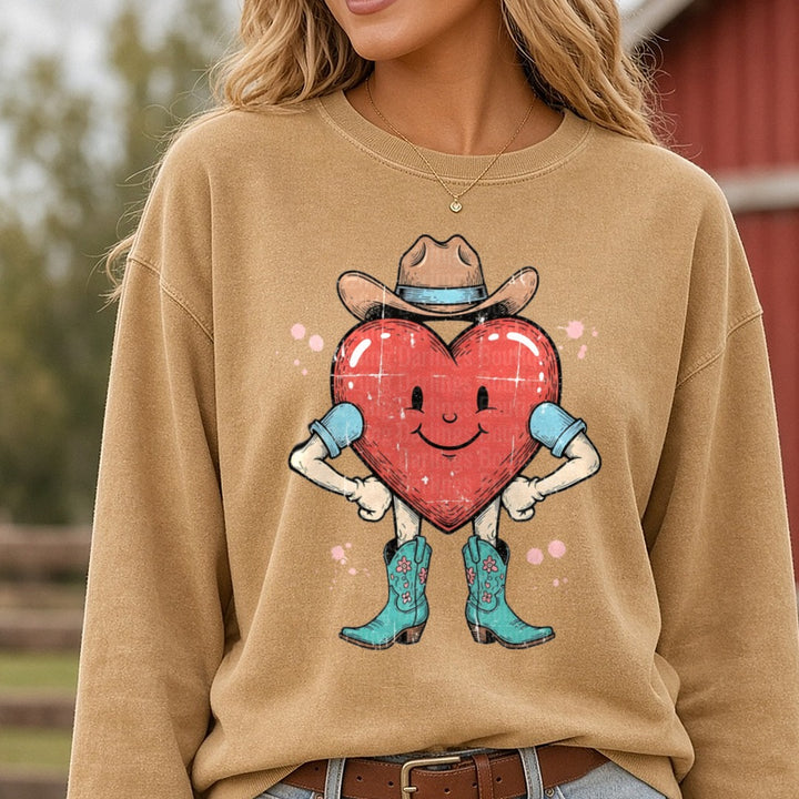 Valentines Day Retro Howdy Cowboy DTF transfer shown on a Comfort Colors sweatshirt