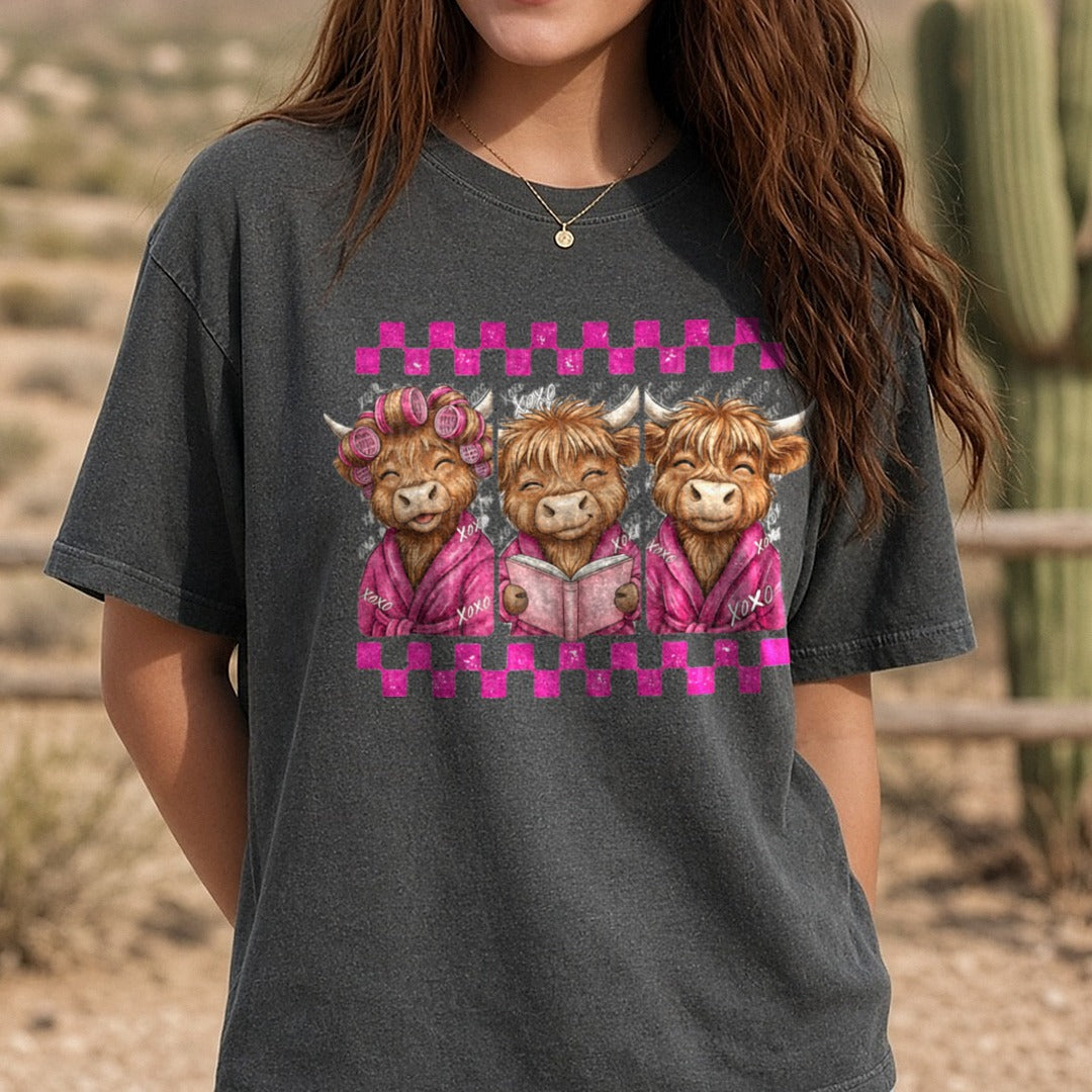 Valentines Day Highland Cow Retro DTF transfer shown on a Comfort Colors tee