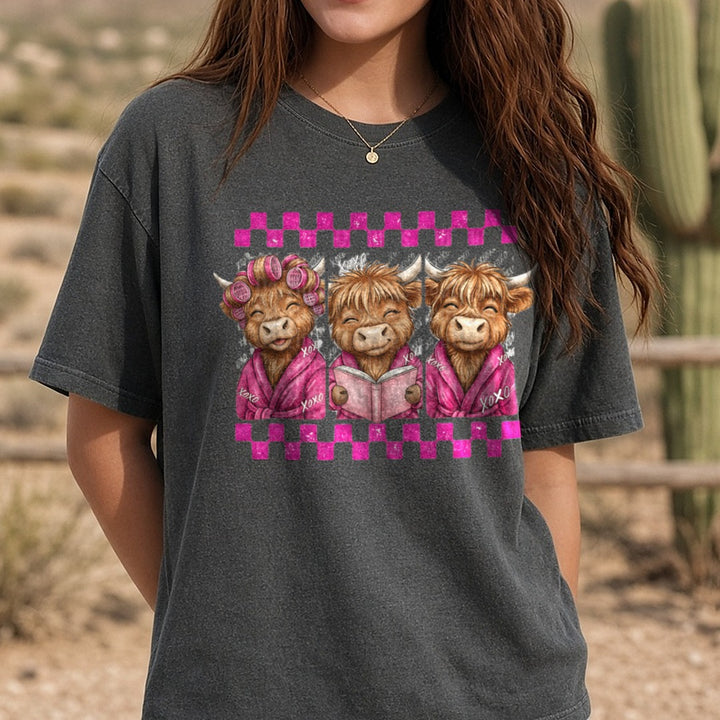 Valentines Day Highland Cow Retro DTF transfer shown on a Comfort Colors tee