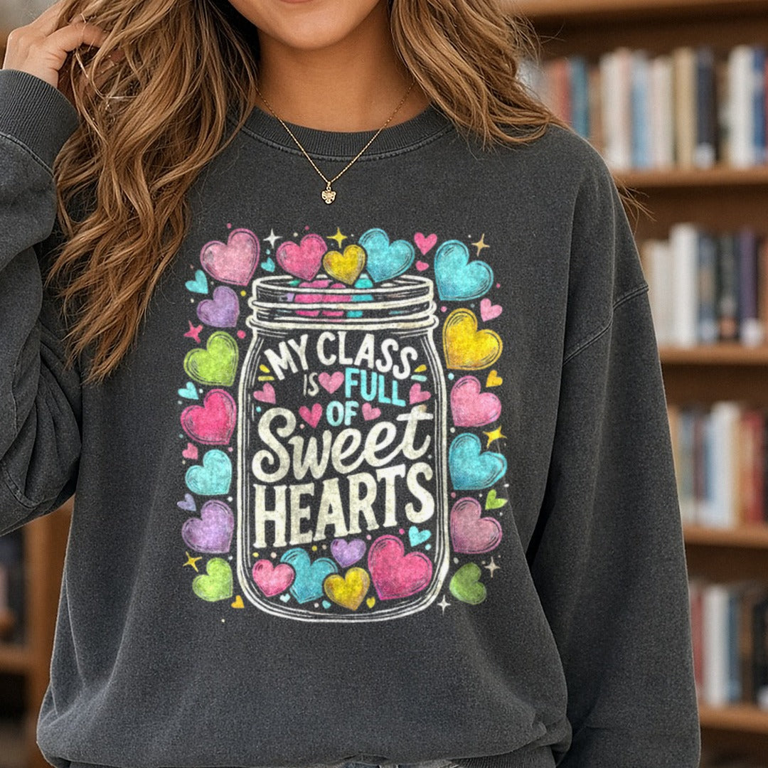 Valentines Day Teacher DTF transfer shown on a Comfort Colors sweatshirt