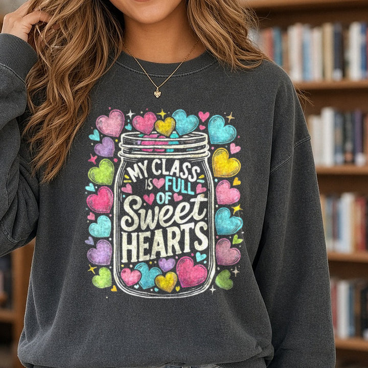 Valentines Day Teacher DTF transfer shown on a Comfort Colors sweatshirt