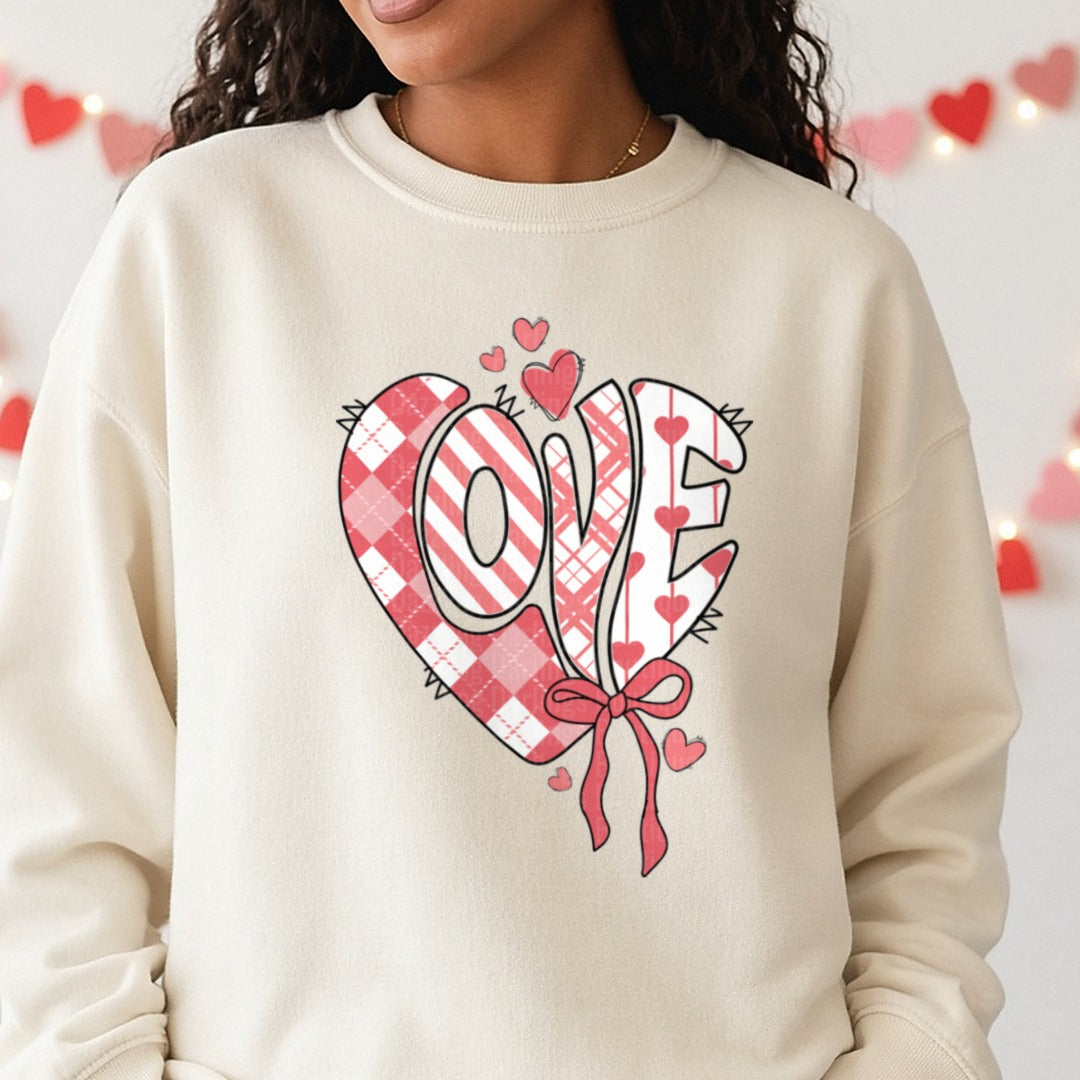Valentine Love Heart Cute Coquette Bow DTF transfer shown on a Comfort Colors sweatshirt