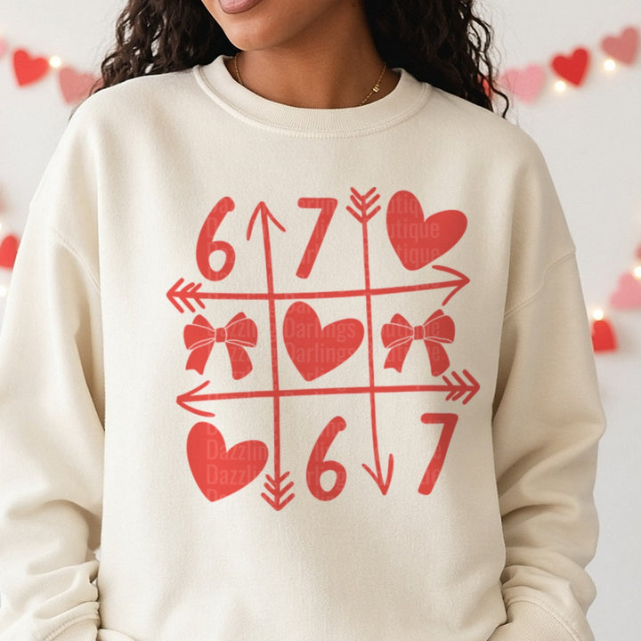 Retro Checkered Valentine 67 Six Seven DTF transfer shown on a Comfort Colors sweatshirt