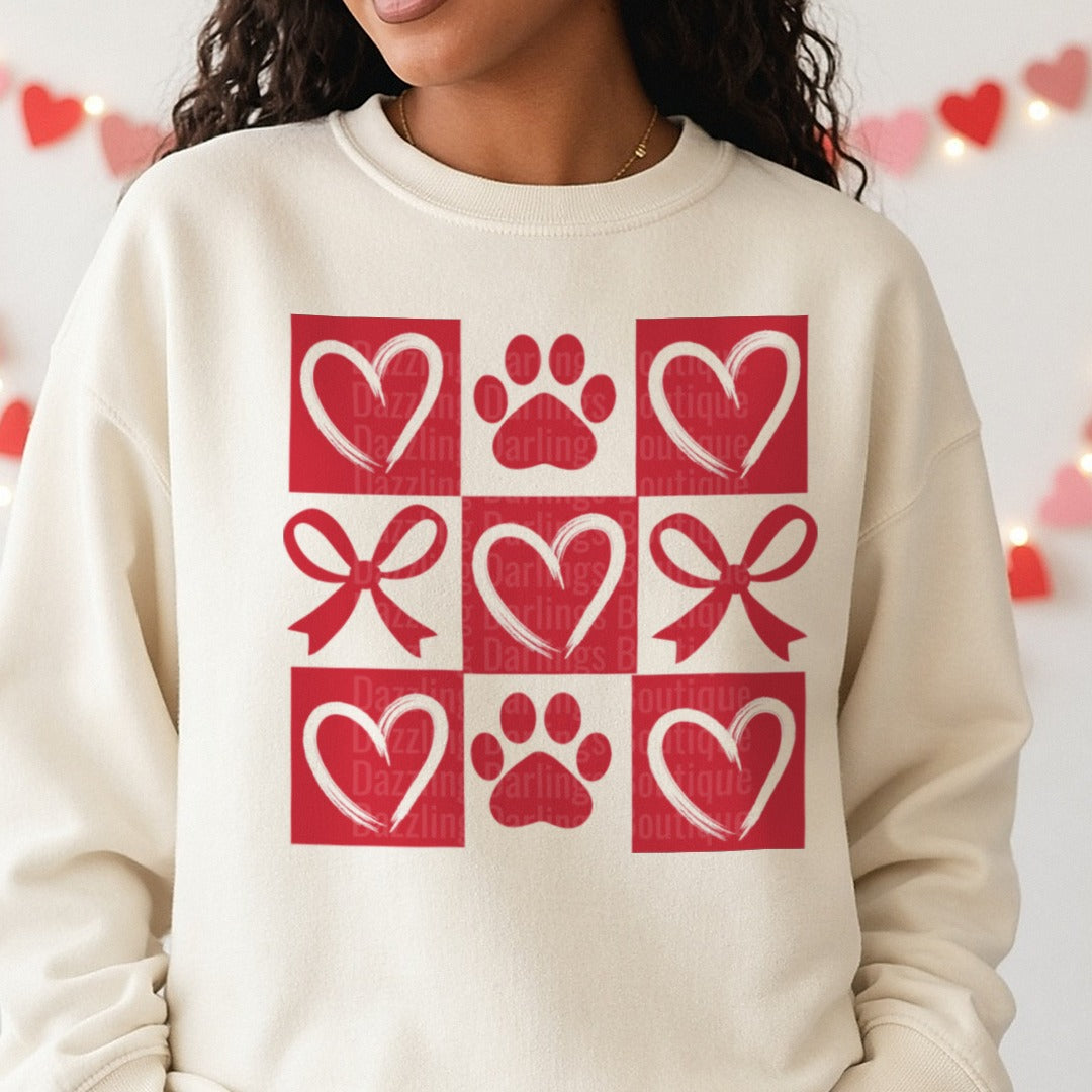 Retro Checkered Dog Paw Valentine Coquette DTF transfer shown on a Comfort Colors sweatshirt