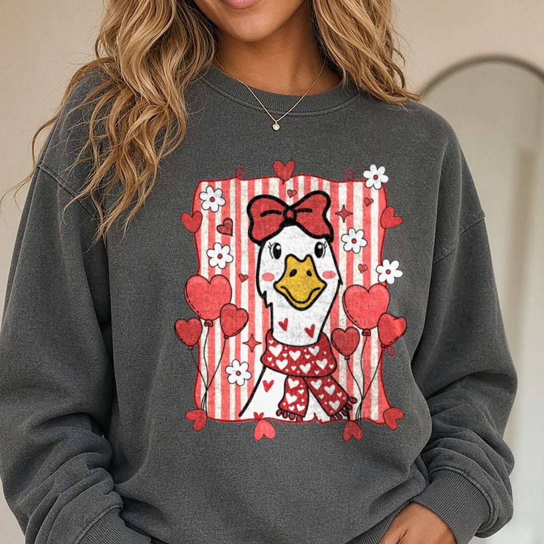 Preppy Valentines Goose Cute Lovely Goose Coquette DTF transfer shown on a Comfort Colors sweatshirt