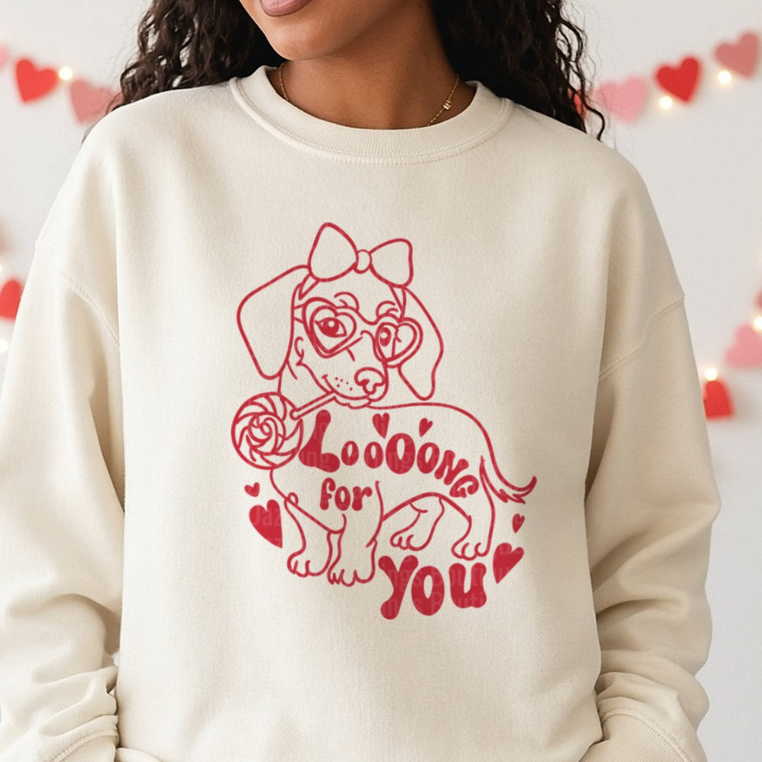 Cute Valentine Funny Dachshund Dog DTF transfer shown on a Comfort Colors sweatshirt