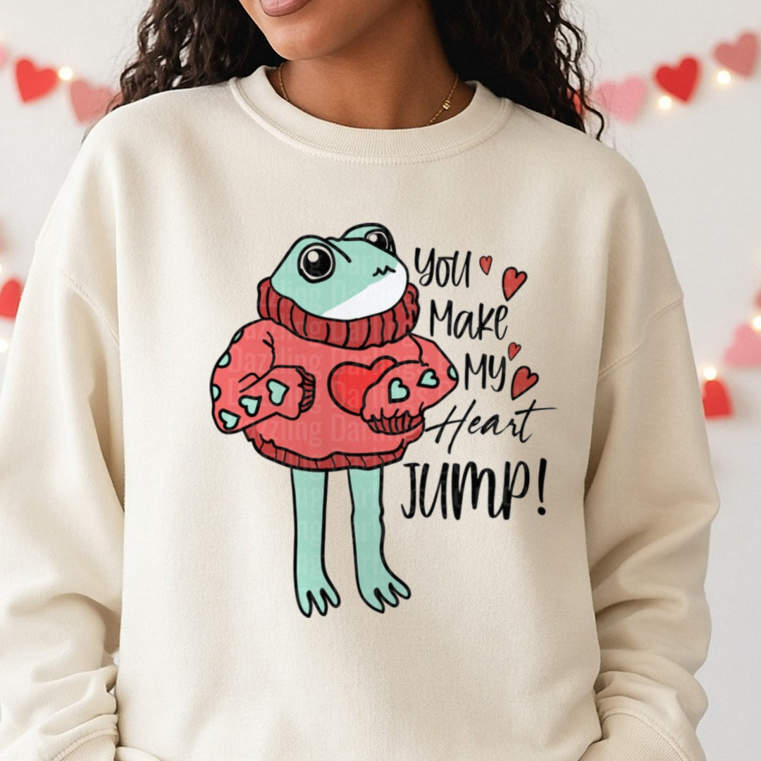 You Make My Heart Jump Cute Funny Frog Valentine DTF transfer shown on a Comfort Colors sweatshirt