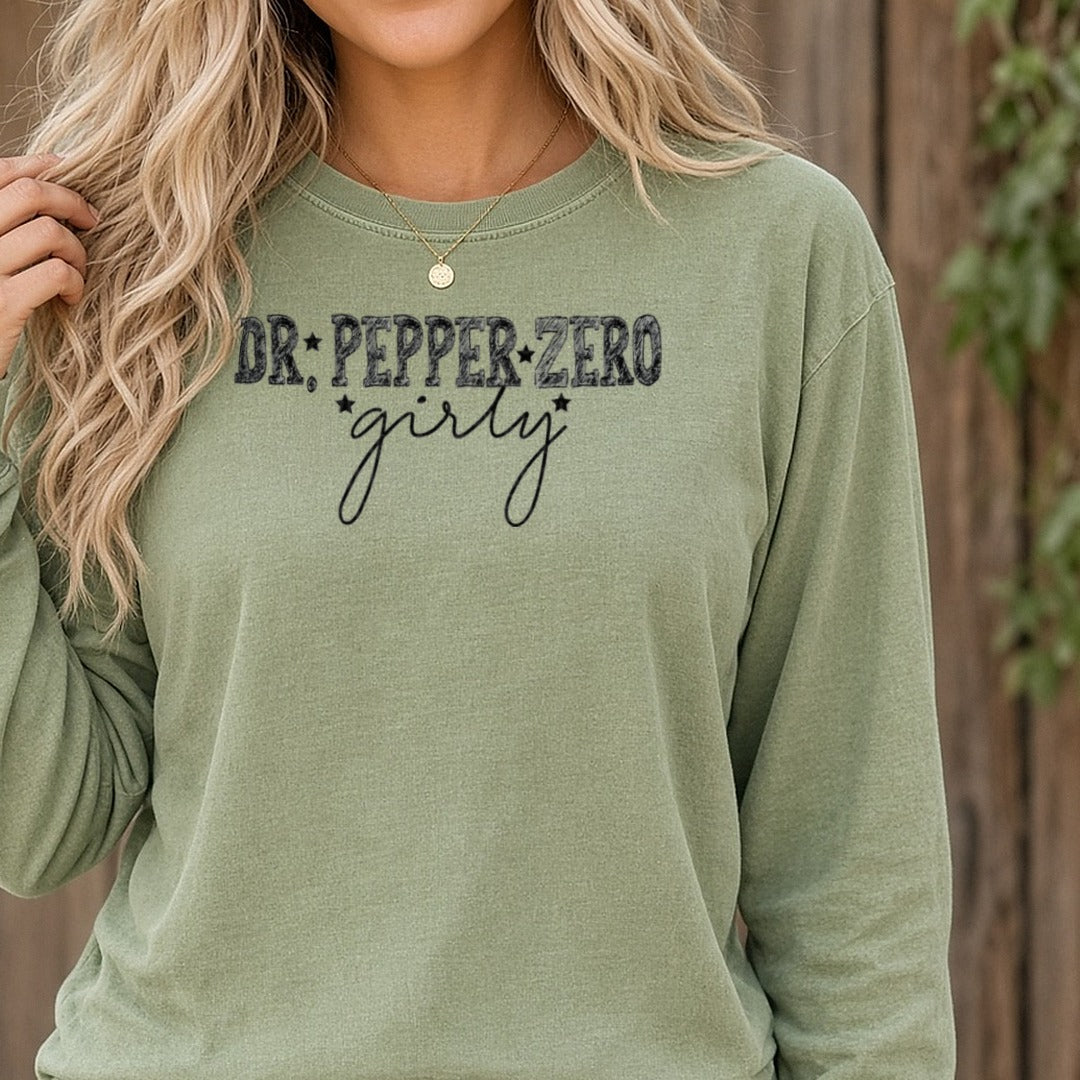 Dr Pepper Zero Girly DTF transfer shown on a Comfort Colors long sleeve tee