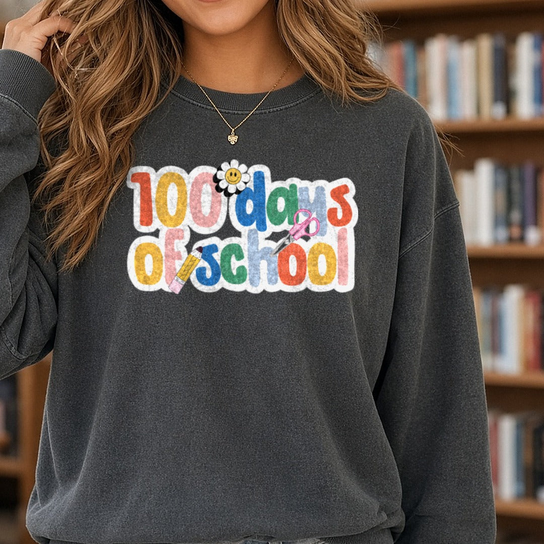 100 Days of School DTF transfer shown on a Comfort Colors sweatshirt