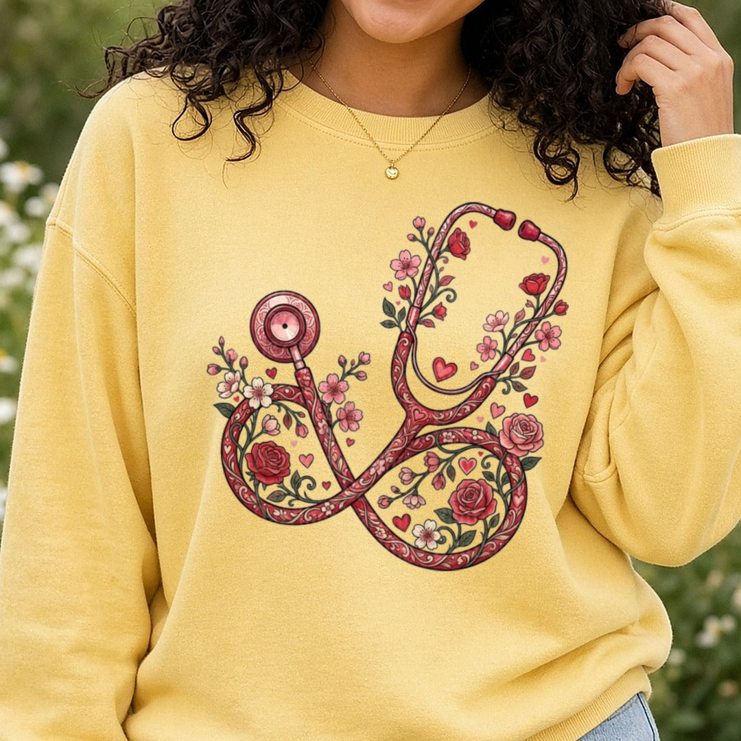 Nurse Floral Valentines Day DTF transfer shown on a Comfort Colors sweatshirt