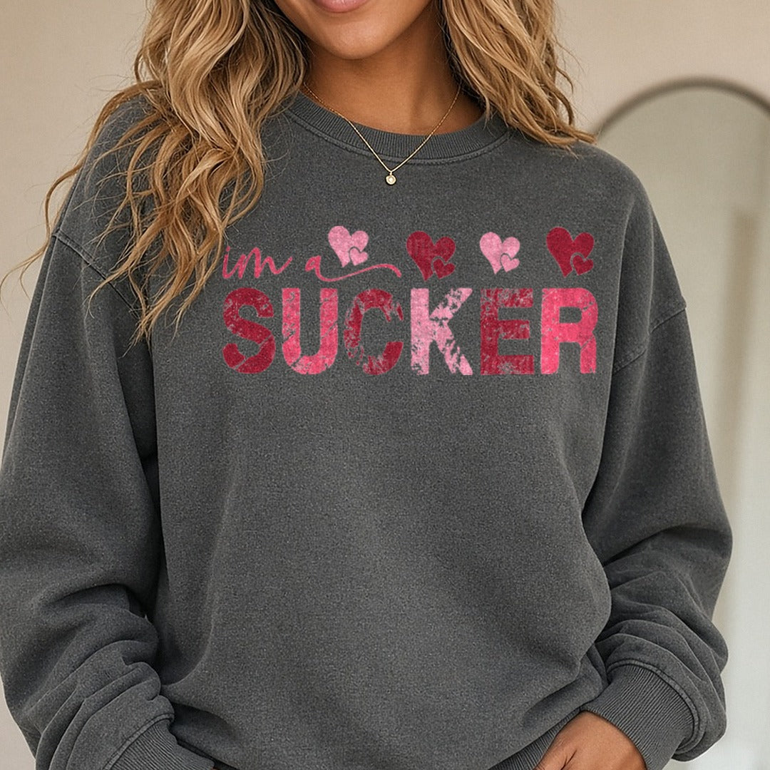 Just a Sucker for You Valentines Day DTF transfer shown on a Comfort Colors sweatshirt