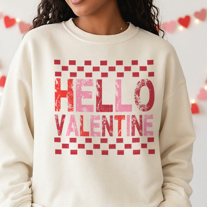 Hello Valentine Retro Check Valentines Day DTF transfer shown on a Comfort Colors sweatshirt